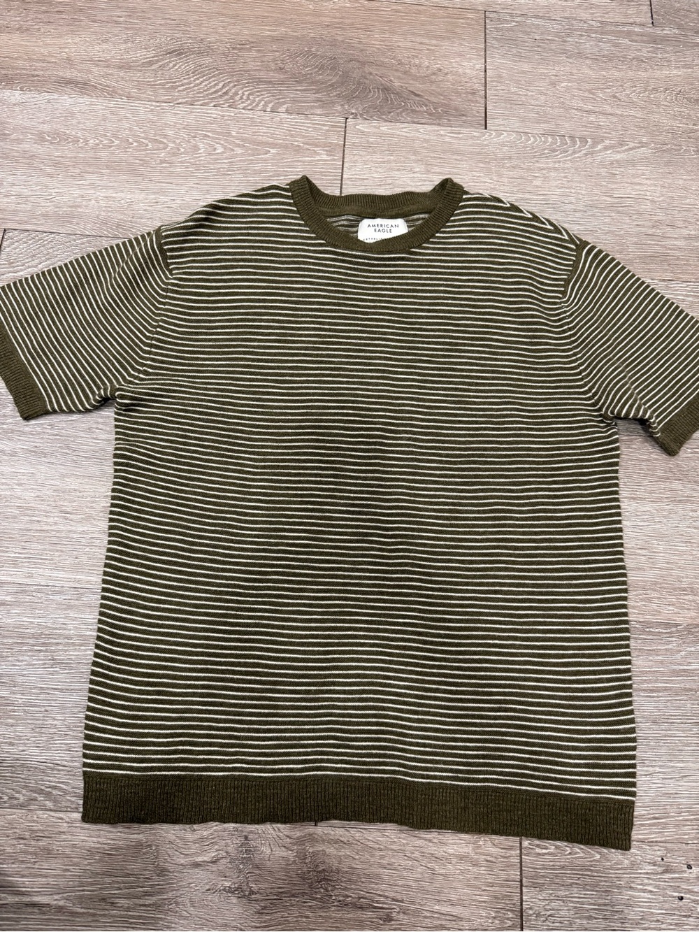 American Eagle Striped Olive & Cream Short-Sleeve Knit Shirt